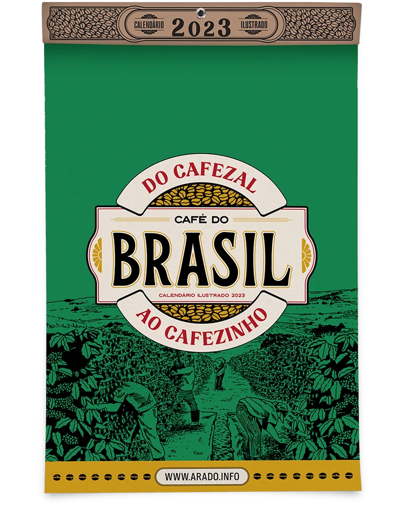 Calendário 2023 Café do Brasil, verde, com o selo Do Cafezal ao Cafezinho